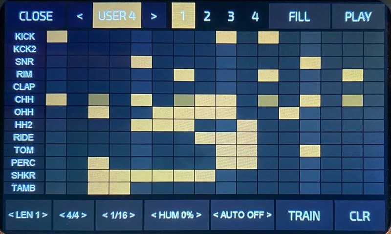 Drum editor on the Ampero Mini: 13 drum rows by 16 steps, top row CLOSE, USER 4, bars 1-4, FILL, PLAY; bottom row LEN, meter, grid, HUM, AUTO, TRAIN, CLR.