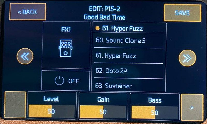 FX1 model list on the Ampero Mini: 60. Sound Clone 5, 61. Hyper Fuzz, 62. Opto 2A, 63. Sustainer.