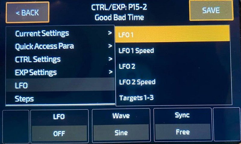 CTRL/EXP screen with the LFO tab selected: rows LFO 1, LFO 1 Speed, LFO 2, LFO 2 Speed, Targets 1-3; values LFO Off, Wave Sine, Sync Free.