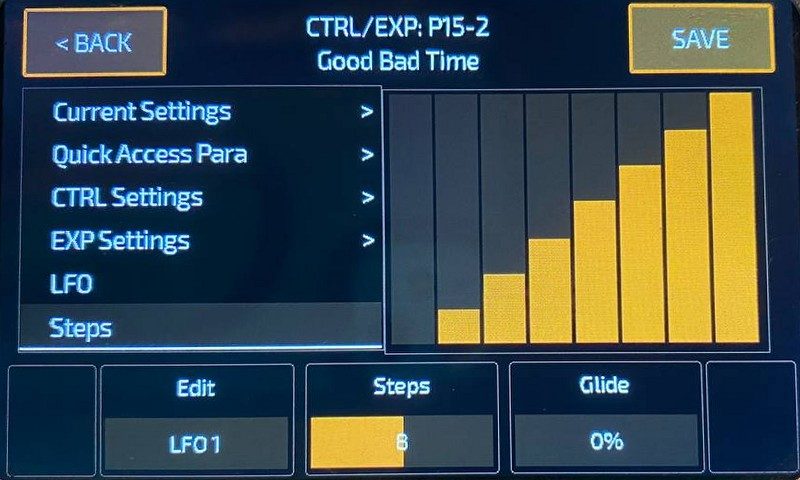 Steps tab: eight bars rising like a staircase; values Edit LFO 1, Steps 8, Glide 0%.