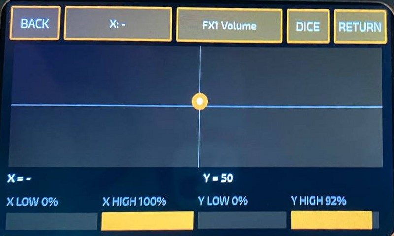 XY pad on the Ampero Mini: buttons BACK, X, Y (FX1 Volume), DICE, RETURN; the pad with a crosshair and a dot; four range sliders below.