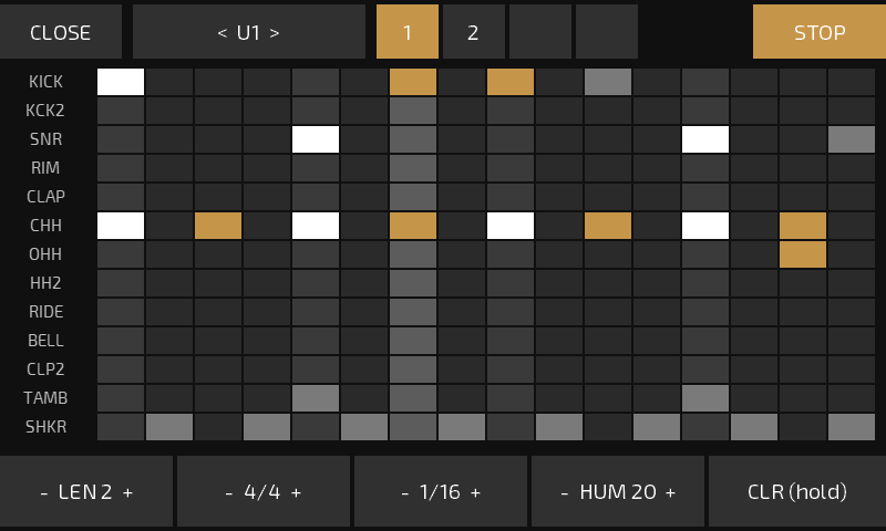 Drum editor on the Ampero II Stomp: 13 drum rows by 16 steps with an example beat; top row CLOSE, U1, bars 1-2, STOP; bottom row LEN 2, 4/4, 1/16, HUM 20, CLR (hold).